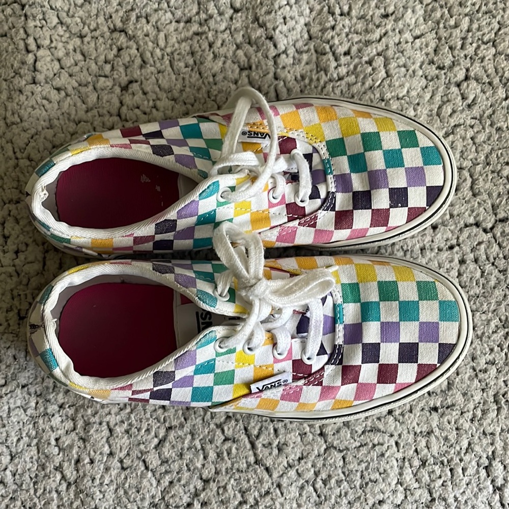 Kids checkered rainbow vans with laces